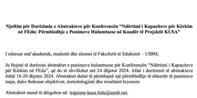 Njoftim Për Dorëzimin E Abstrakteve Për Konferencën “Ndërtimi I Kapaciteve Për Kërkim Në FEdu: Përmbledhje E Punimeve Hulumtuese Në Kuadër Të Projektit KUSA”