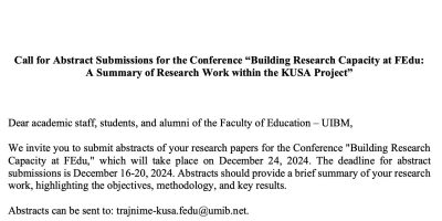 Call For Abstract Submissions For The Conference “Building Research Capacity At FEdu: A Summary Of Research Work Within The KUSA Project”