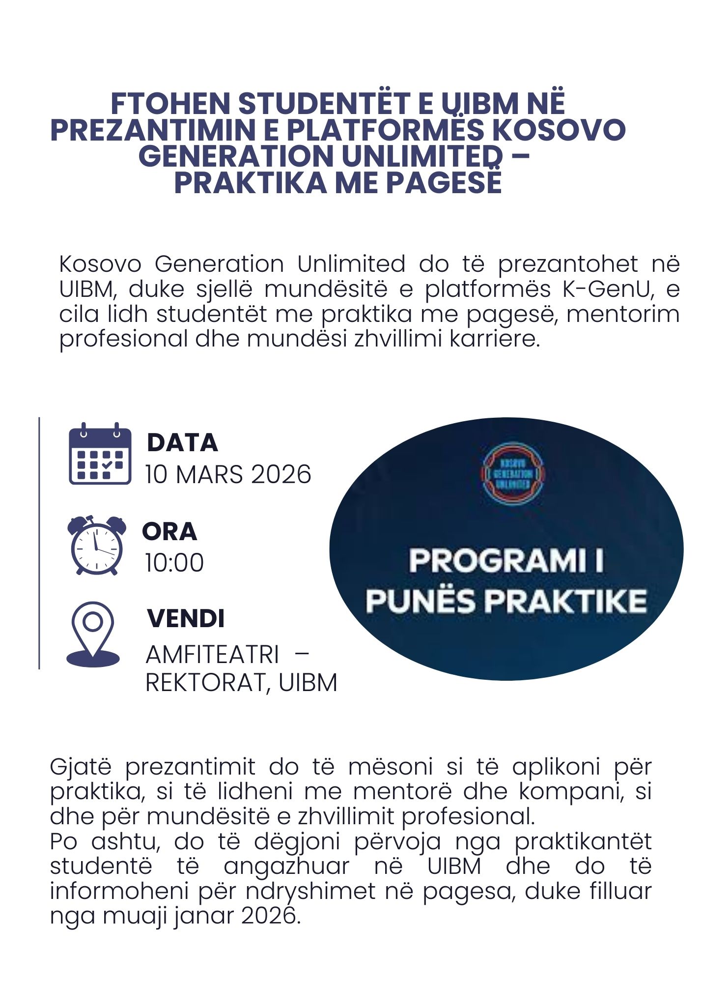 Aktivitet Promovues I Programit Kosovo Generation Unlimited – Praktika Me Pagesë Në UIBM Me Datë 10.03.2026