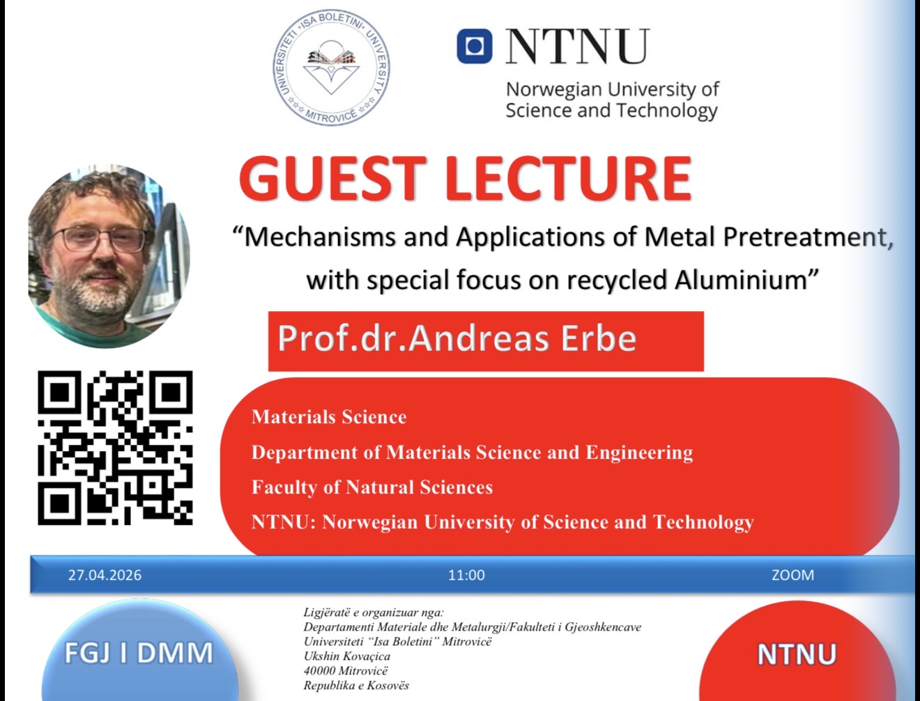 Ftesë – Ligjëratë Ndërkombëtare (Guest Lecture) Me Temën:  “Mechanisms And Applications Of Metal Pretreatment, With Special Focus On Recycled Aluminium”