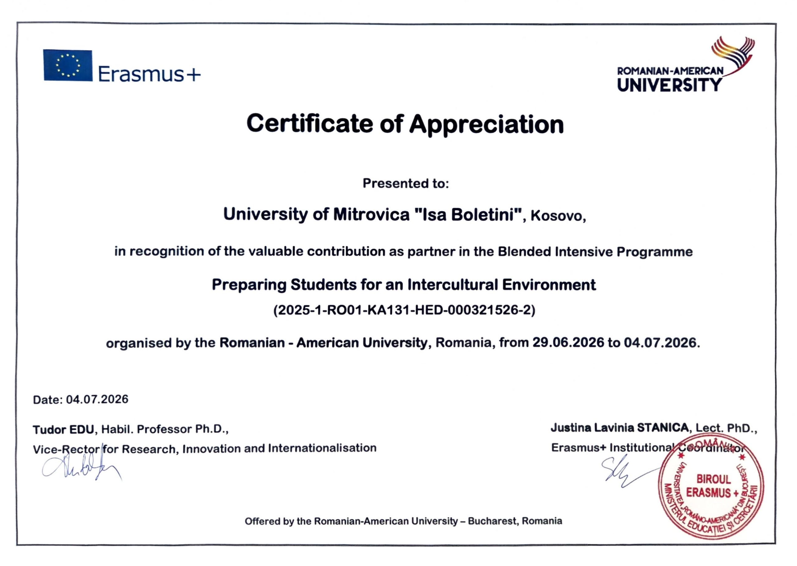 Universiteti “Isa Boletini” Në Mitrovicë Nderohet Me Certifikatë Mirënjohjeje Nga Universiteti Rumuno-Amerikan